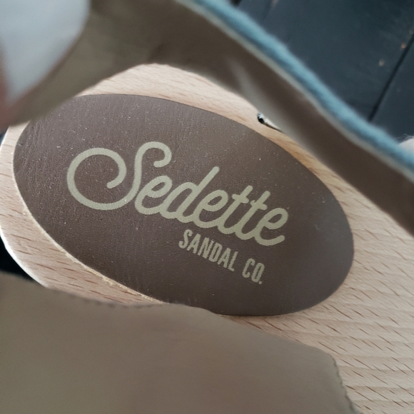 Sedette Sandal Co. Women's 7.5 Wooden Clog Sandals Blue Linen Straps Boho - Picture 9 of 11